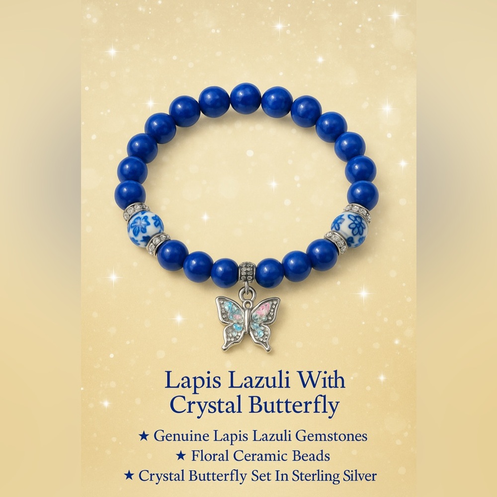 Lapis Lazuli Bracelet with Iridescent Crystal Butterfly